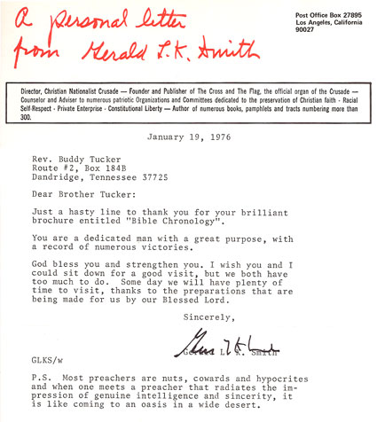 Gerald L.K. Smith Letter - Jan. 19, 1976 to Dewey H. Tucker