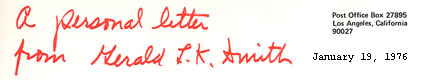 Heading of Gerald L.K. Smith Letter - Dec. 2, 1975 to Dewey H. Tucker