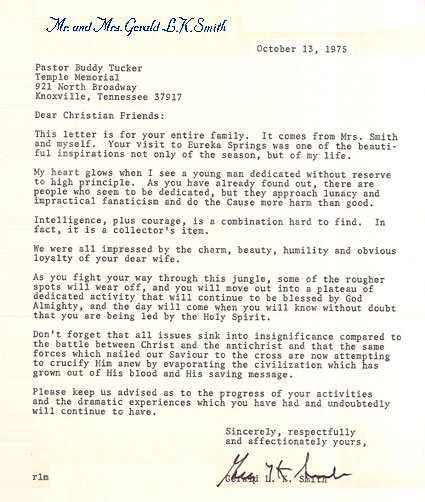Gerald L.K. Smith Letter - Oct. 13, 1975 to Dewey H. Tucker