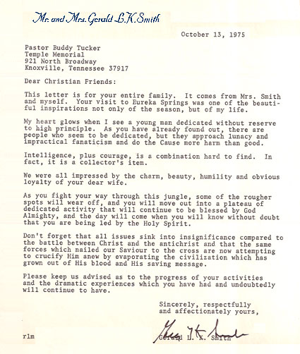 Gerald L.K. Smith Letter - Oct. 13, 1975 to Dewey H. Tucker
