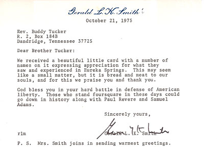 Gerald L.K. Smith Letter - Oct. 21, 1975 to Dewey H. Tucker