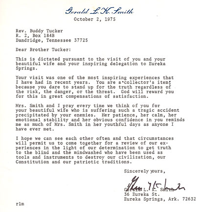 Gerald L.K. Smith Letter - Oct. 2, 1975 to Dewey H. Tucker