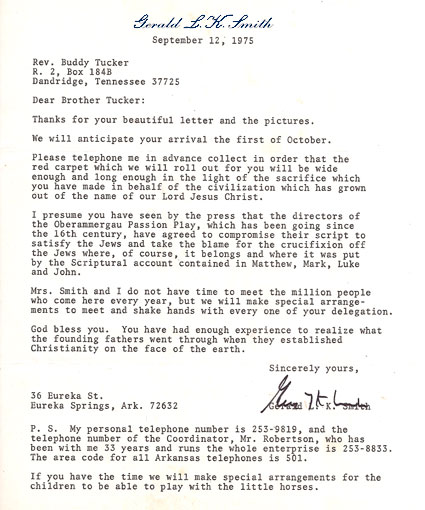 Gerald L.K. Smith Letter - Sept. 12, 1975 to Dewey H. Tucker