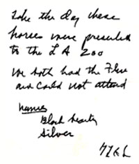 Note on the reverse side of Gerald L. K. Smith's miniture horse.